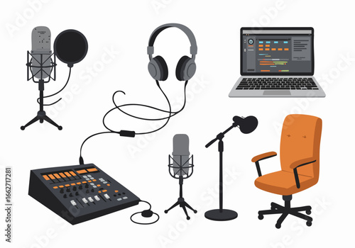 Home Recording Studio Equipment Collection: Microphones, Audio Mixer, Laptop, Headphones, and Chair for Podcasting, Voiceover, and Music Production