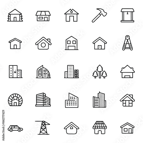 Collection of line art icons representing houses, buildings, and construction elements