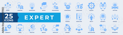 Expert Icons Collection Set. Containing advice, competence, expertise, knowledge, skill, specialist, experience and more. Simple Line Blue Vector Illustration.