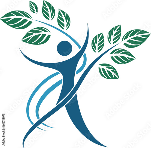 Vector of Abstract human figure with green leaves and blue swooshes symbolizing growth and vitality.