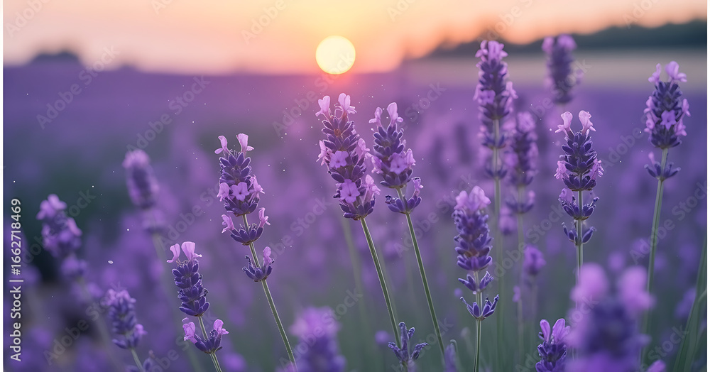 Naklejka premium A close-up of vibrant purple lavender flowers with a soft, warm sunset in the background.