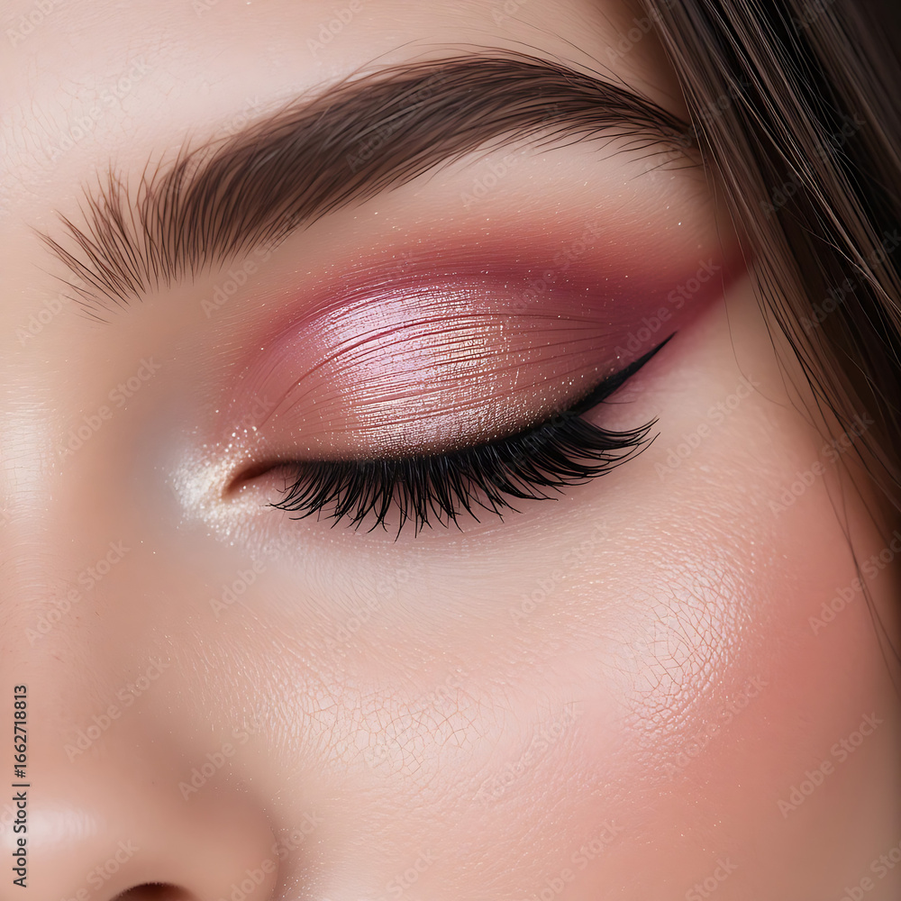 Obraz premium female closed eyelid with gradient rose pink to champagne shimmer eyeshadow