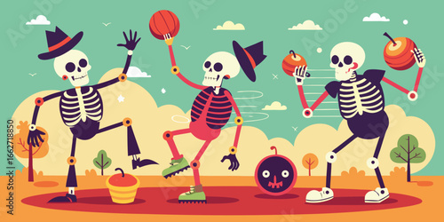 Playing Skeletons, A lively, colorful illustration featuring three skeletons in different hats and costumes, playing with pumpkins and an apple basket in a whimsical outdoor setting.