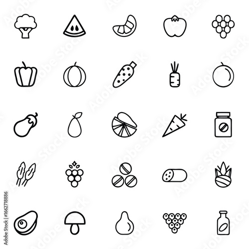 Collection of simple line art icons representing healthy food and supplements
