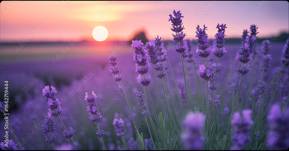 Naklejka premium A close-up of vibrant purple lavender flowers with a soft, warm sunset in the background.