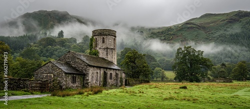 Misty, rustic church nestled in a valley with rolling hills