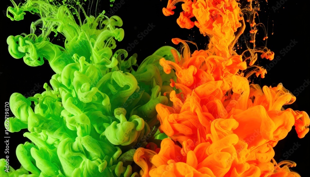 Obraz premium Vibrant Abstract Ink Explosion with Green Orange Colors, and Black Background.