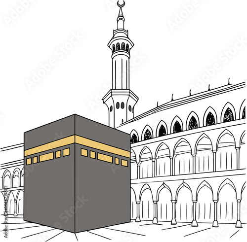 Vector of Iconic kaaba and mosque minaret in mecca a sacred islamic landmark.