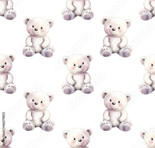 Cute teddy bear with white fur coat vector seamless pattern. The bear has a friendly expression with smile, black eyes and nose. The bear's cheeks are slightly blushed.