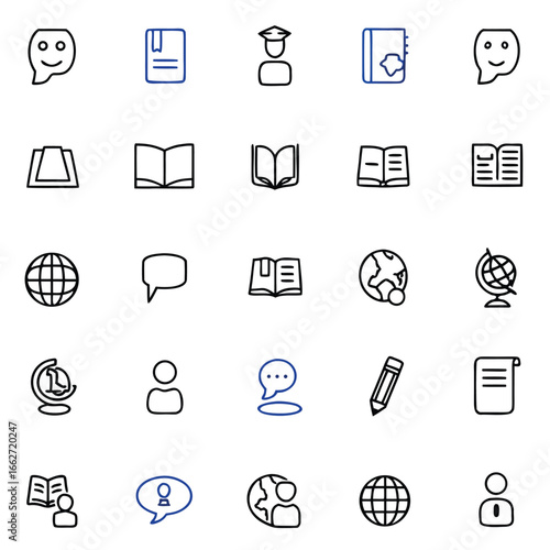 A collection of simple icons representing education, communication, and global knowledge.