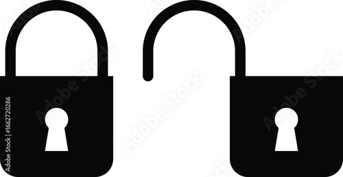 Closed and open padlock icon set, simple black silhouette security symbols representing locked and unlocked states for privacy, access, and protection concepts