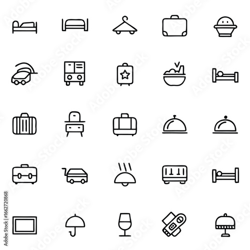 Clean line icons representing hotel amenities and services for travel and hospitality