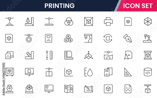 Printing vector line icons featuring printers, layered objects, smart materials, modeling, innovation, prototypes, and additive manufacturing tools.