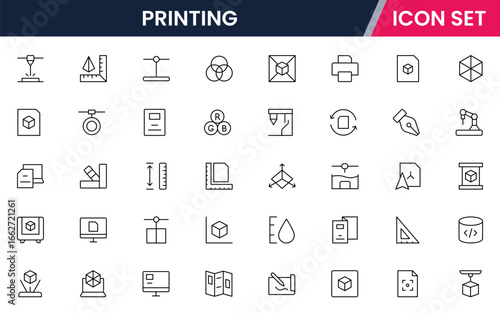 Printing vector line icons featuring printers, layered objects, smart materials, modeling, innovation, prototypes, and additive manufacturing tools.