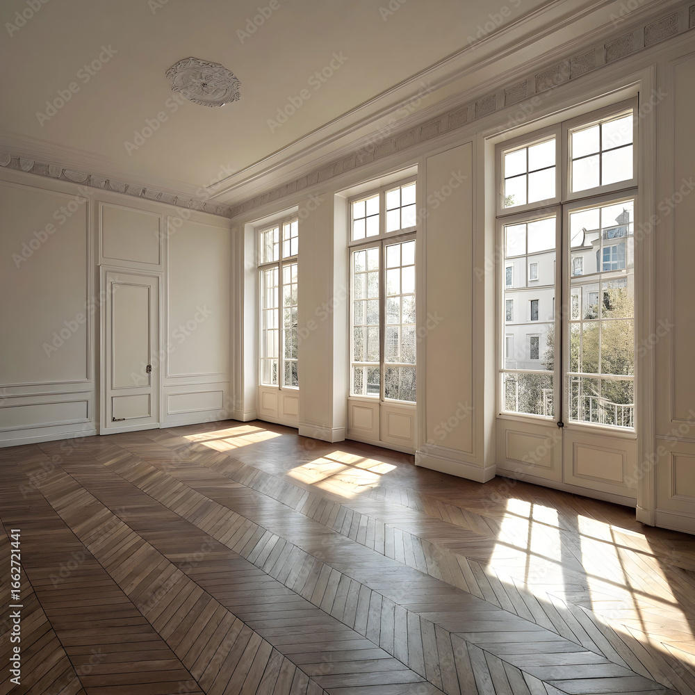 Obraz premium empty room with laminate flooring and French window