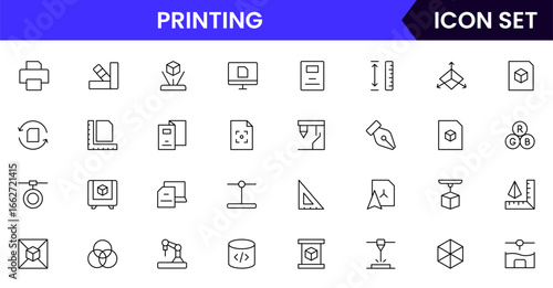 Printing vector line icons featuring printers, layered objects, smart materials, modeling, innovation, prototypes, and additive manufacturing tools.