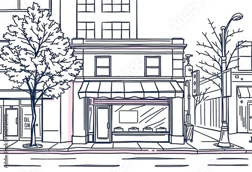Simple line drawing of a small storefront building on a city street,  outline,  retail