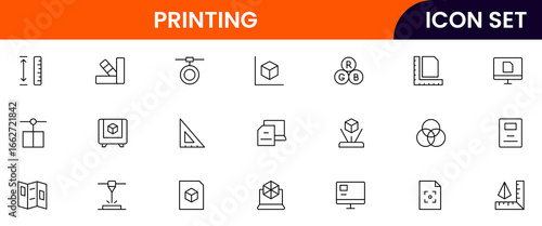 Printing vector line icons featuring printers, layered objects, smart materials, modeling, innovation, prototypes, and additive manufacturing tools.