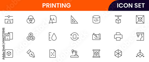 Printing vector line icons featuring printers, layered objects, smart materials, modeling, innovation, prototypes, and additive manufacturing tools.