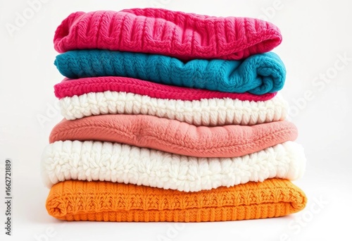 Soft, fluffy stack of blankets and pillows on white background,  bedroom,  home