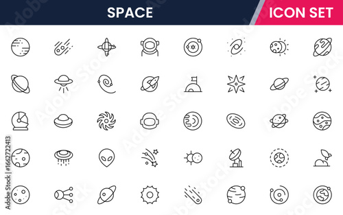 Space technology vector line icons featuring rockets, satellites, space stations, telescopes, planets, astronauts, orbits, launches, and cosmic exploration tools.
