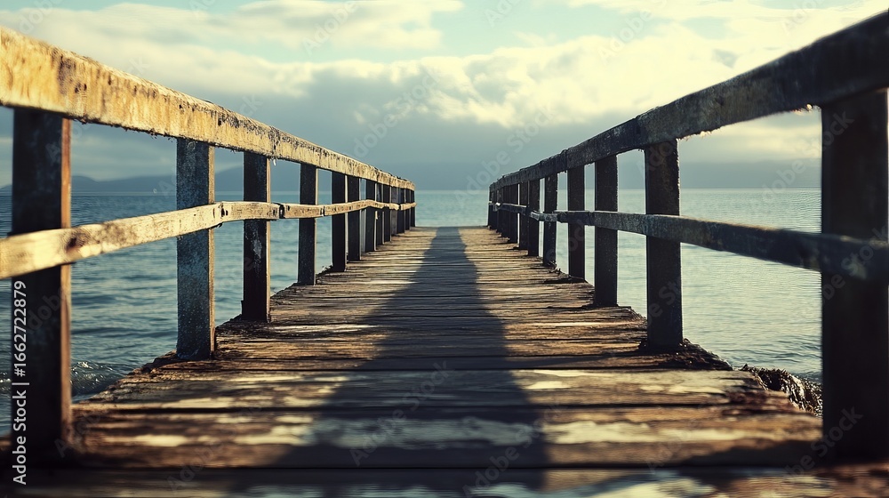 Obraz premium Wooden pier extending into tranquil water, leading to horizon