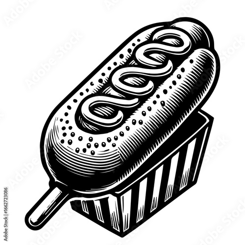 Illustration of a corn dog on a stick with mustard in a striped container in black and white design