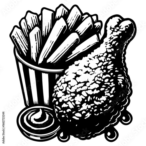 Illustration of a fried chicken drumstick with fries and dipping sauce in black and white style