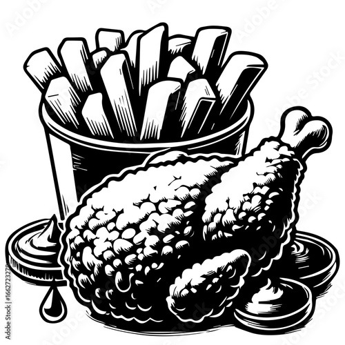 Illustration of fried chicken leg with bucket of french fries and dipping sauce in black and white