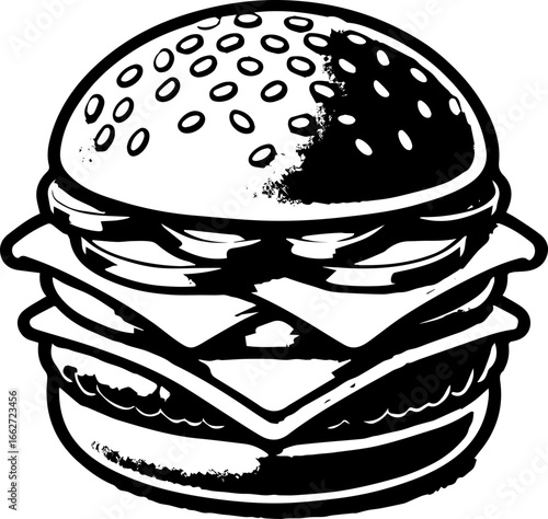 Illustration of a large burger with multiple layers of cheese and toppings in black and white style