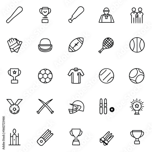 Collection of diverse sports equipment and awards, presented in clean line art icons.