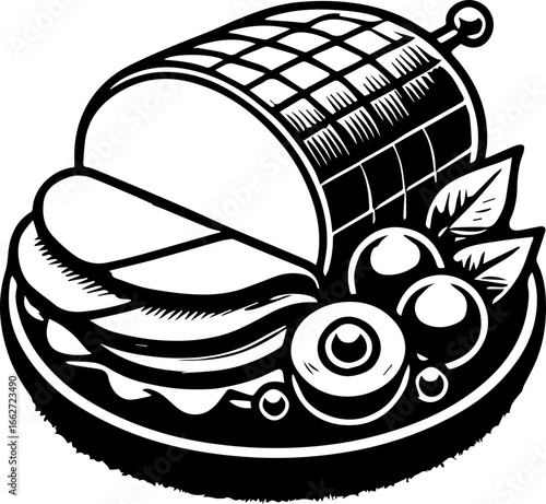 Illustration of a sliced ham with a decorative lattice pattern served on a platter with berries and leaves