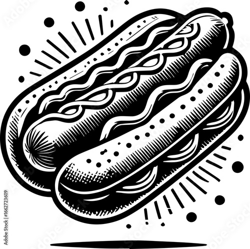Illustration of two hot dogs with mustard and relish in black and white with radial lines around it