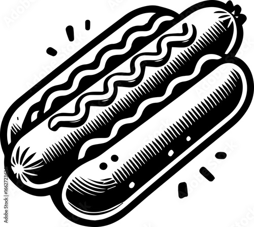 Illustration of two hot dogs with mustard and relish in black and white graphic style design