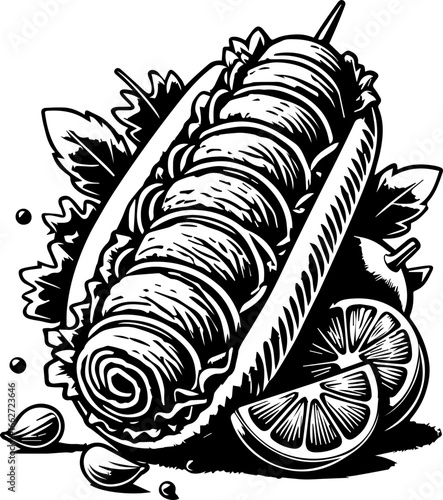 A black and white drawing of a sandwich filled with meat and garnished with lemon slices and leaves