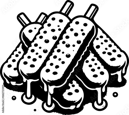 Illustration of a pile of black and white pickles with drips and visible bumps in a cartoon style