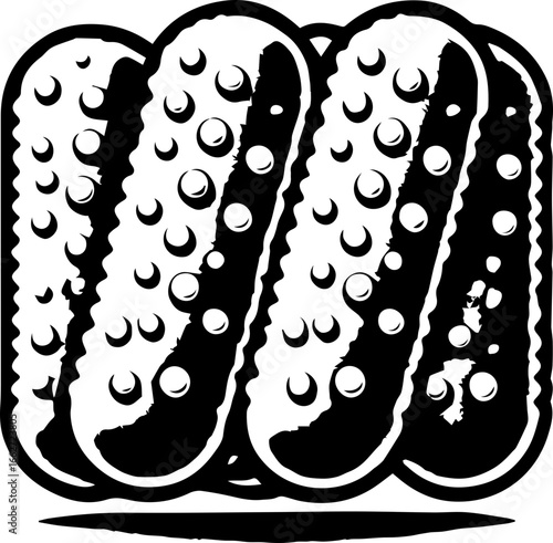 Illustration of a group of pickles arranged closely together in a black and white color scheme style