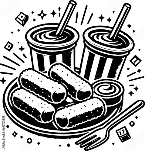 Illustration of two drinks with straws and a plate of mozzarella sticks with dipping sauce and fork