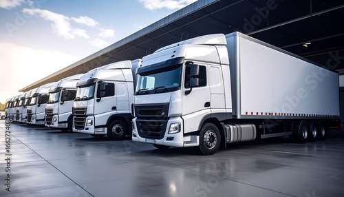 White trucks lined up in a warehouse