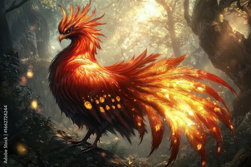 Fototapeta premium Majestic glowing phoenix-like bird with vibrant fiery feathers standing on a rock in a mystical forest illuminated by soft golden light