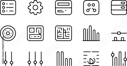 A collection of various black and white line icons depicting settings and control panel elements design