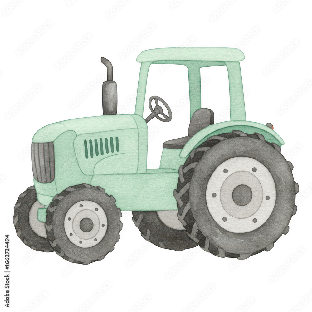 Obraz premium Light green watercolor tractor with large tires and exhaust pipe isolate