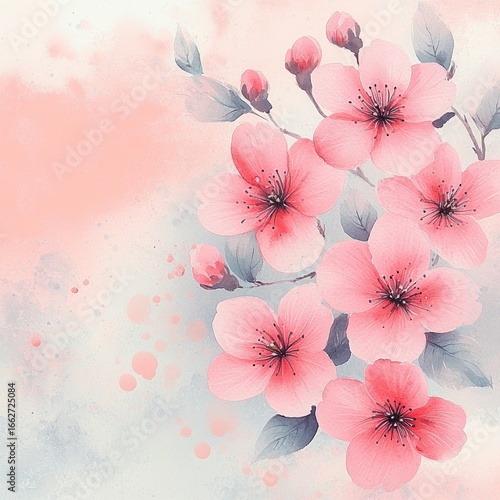 Delicate watercolor painting of blooming pink cherry blossom flowers with soft gray leaves and a gentle pastel background evoking calm and beauty