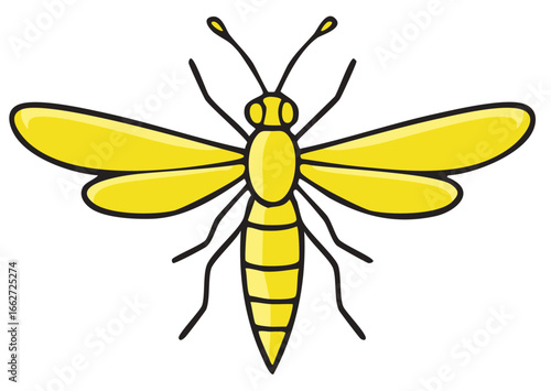 Simple yellow mayfly illustration with black outlines, wings and body