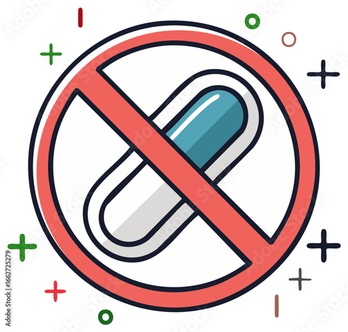 No Medications, prohibition sign with a capsule vector illustration, health concept.