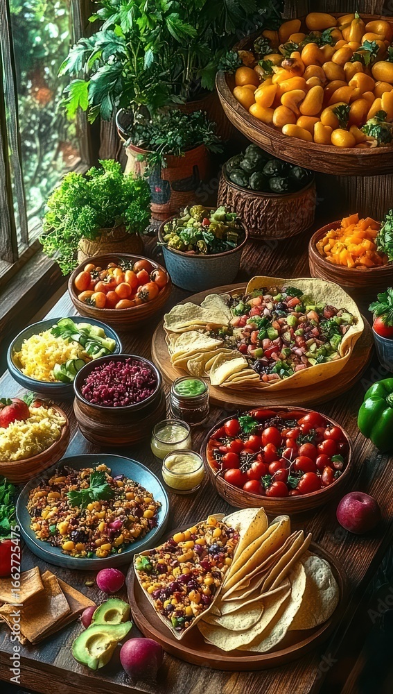 Fototapeta premium Colorful spread of fresh vegetables, dips, and chips arranged on a wooden table near a sunny window with lush green plants adding a fresh and vibrant atmosphere