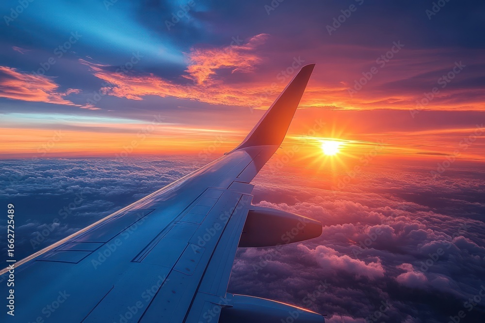 Obraz premium View of an airplane wing flying above vibrant clouds during a colorful sunset with the sun near the horizon casting warm light across the sky