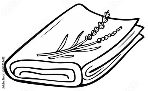 Simple line drawing of a folded towel with lavender sprigs