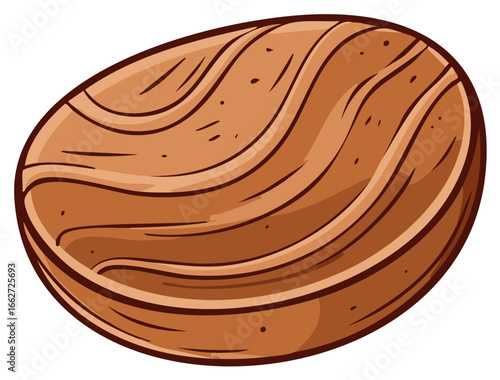 Stylized brown wooden bowl vector illustration. Empty oval serving dish with natural grain.