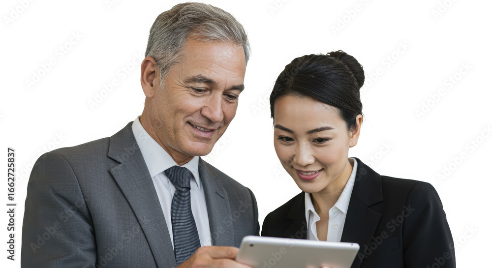 Business team using a tablet isolated on transparent background to discuss business strategy Business team using a tablet isolated on transparent background to discuss business strategy